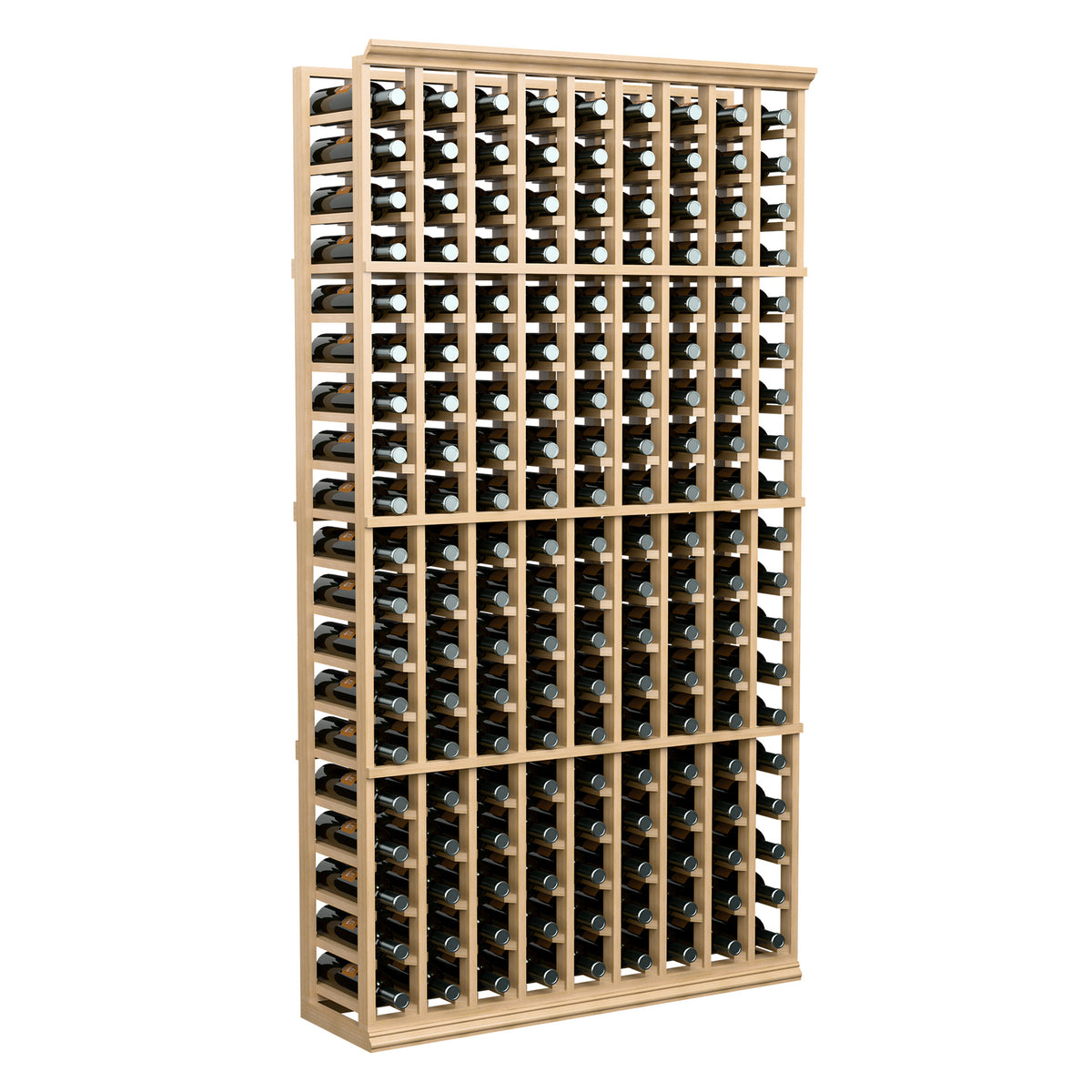 Wine bottle storage rack with 9 columns, front grid of bottle slots.