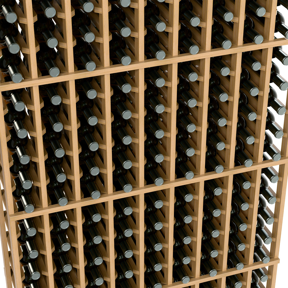 Close-up of a wine rack showing bottle slots in a wood column frame.
