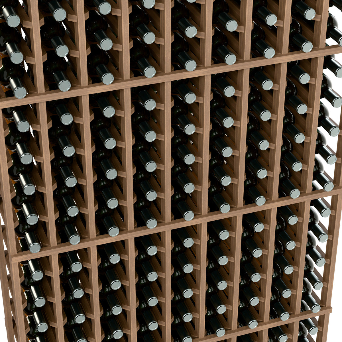 Close-up view of wine bottle slots inside a wood 9-column wine rack.