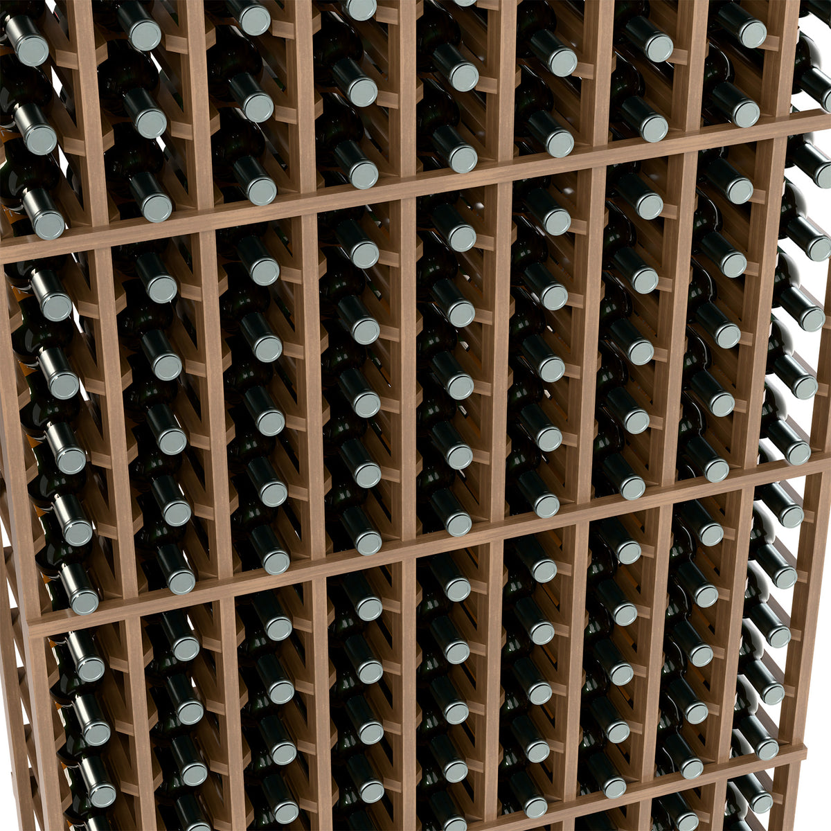 Detailed view of wine bottles in slots across a wood 9-column rack frame.