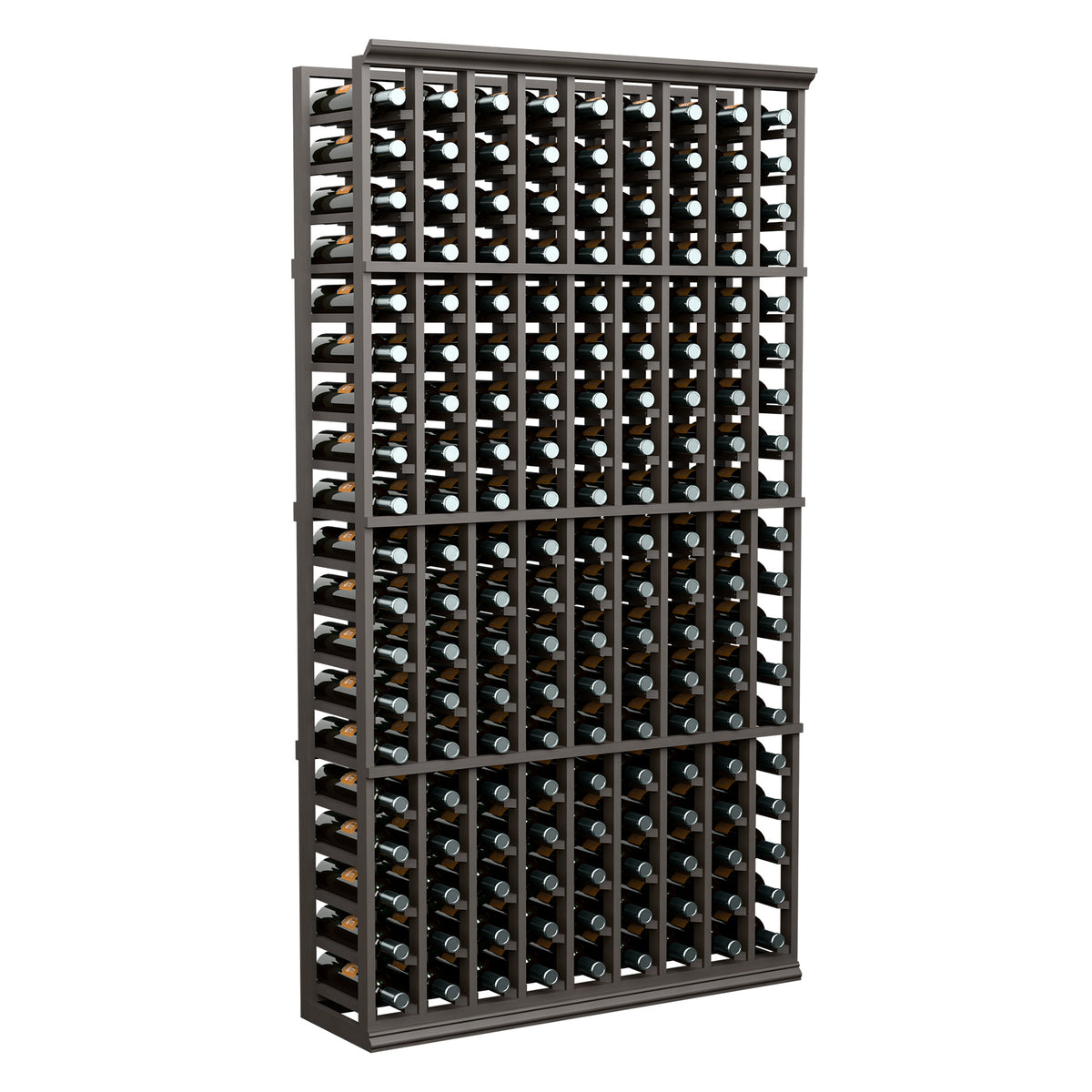Wine bottle storage rack with 9 columns, dark frame and front grid of slots.