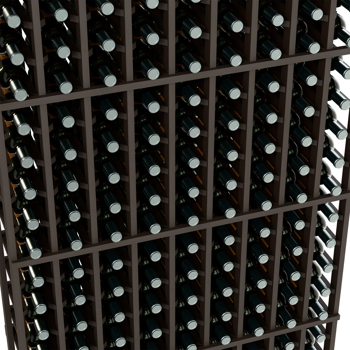 Close-up of wine bottles arranged in slots within a dark 9-column rack frame.