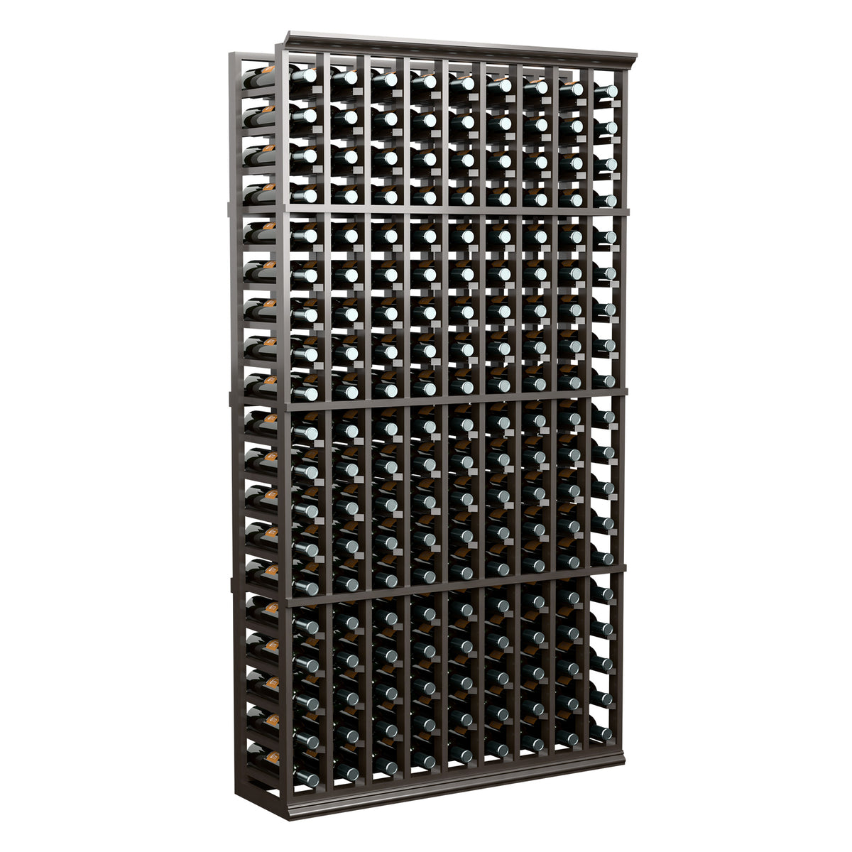 Wine bottle storage rack with 9 columns, dark frame holding bottles in rows.
