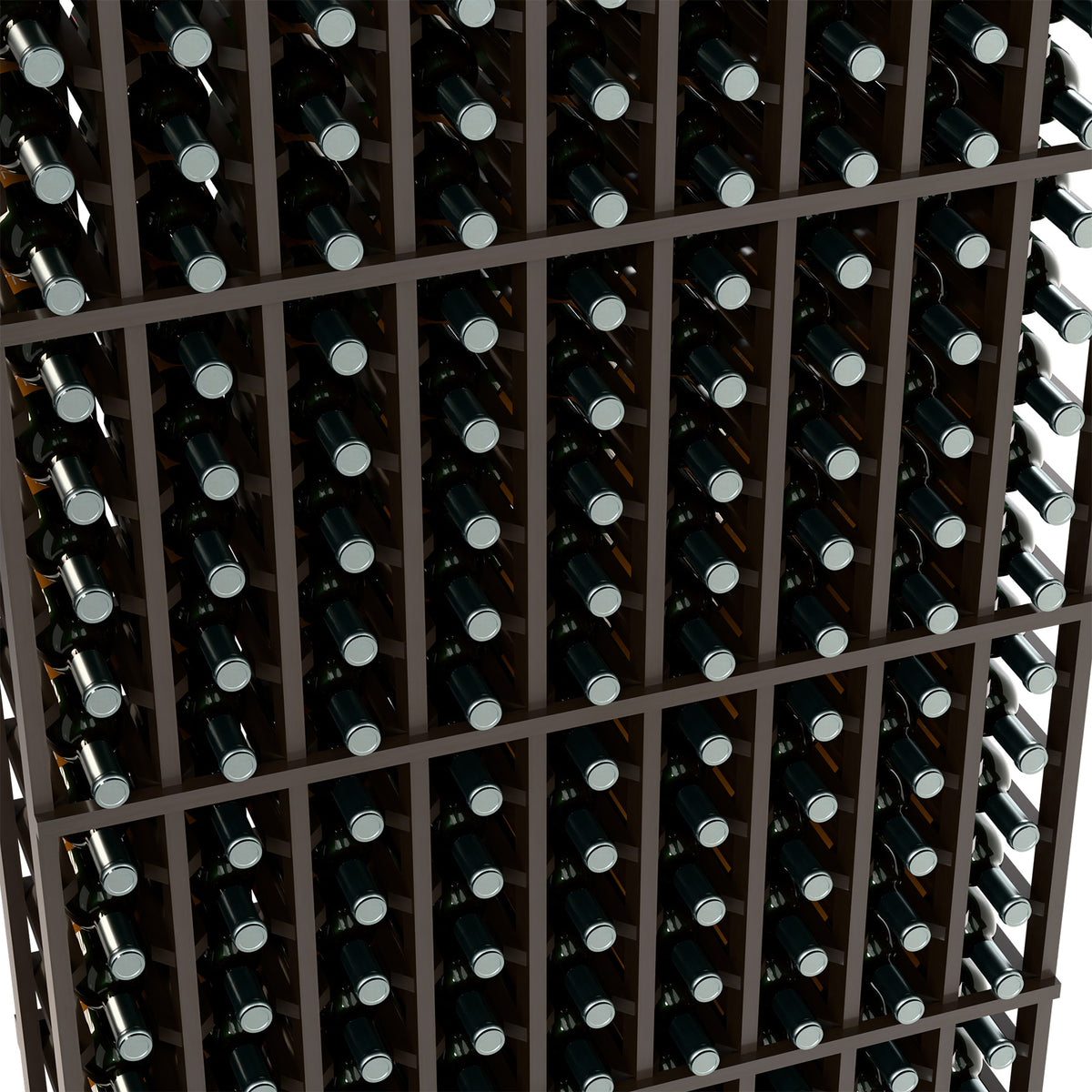 Close-up of wine rack bottle slots in a dark frame, arranged in grid rows.