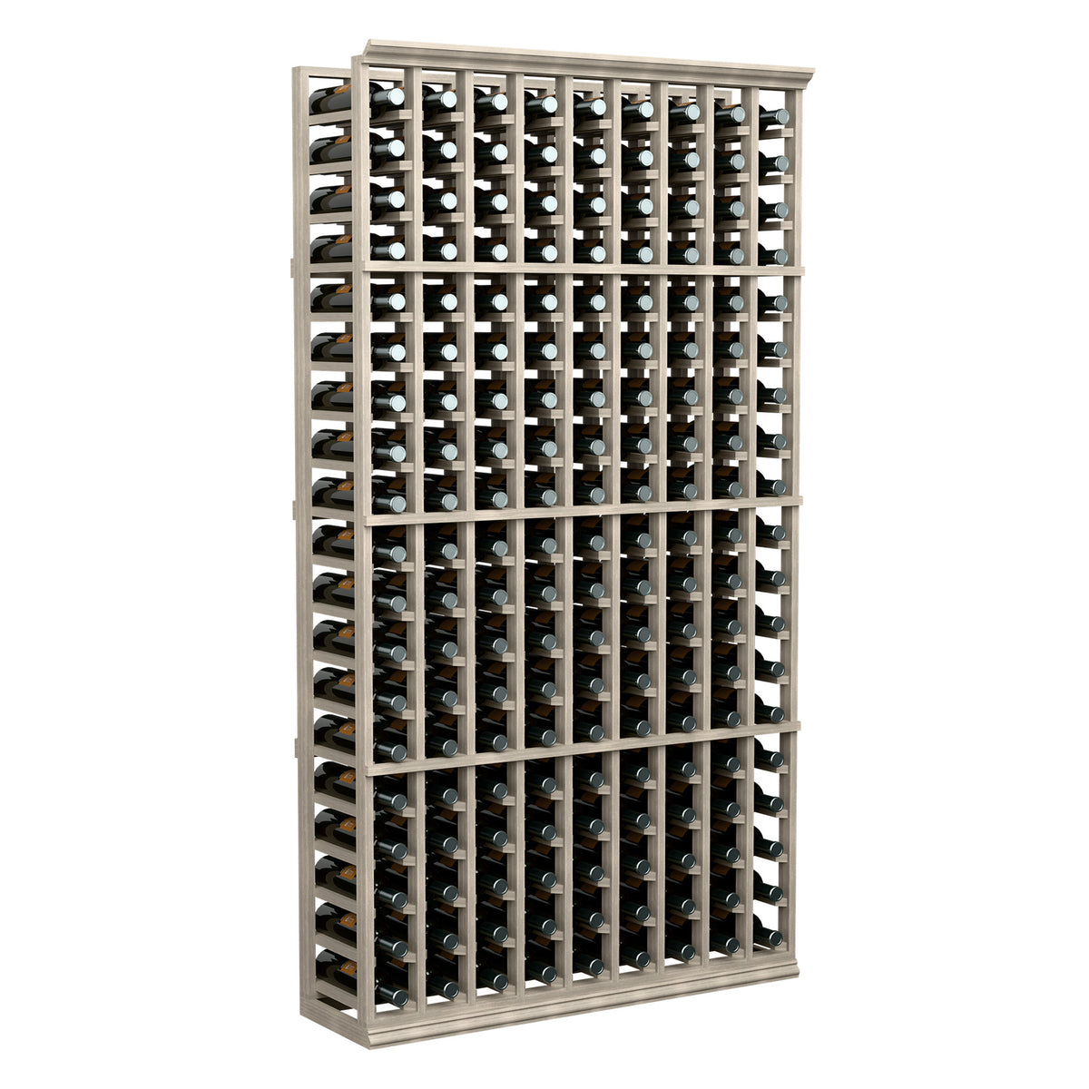 Wood wine bottle rack with 9 columns of bottles, full front view