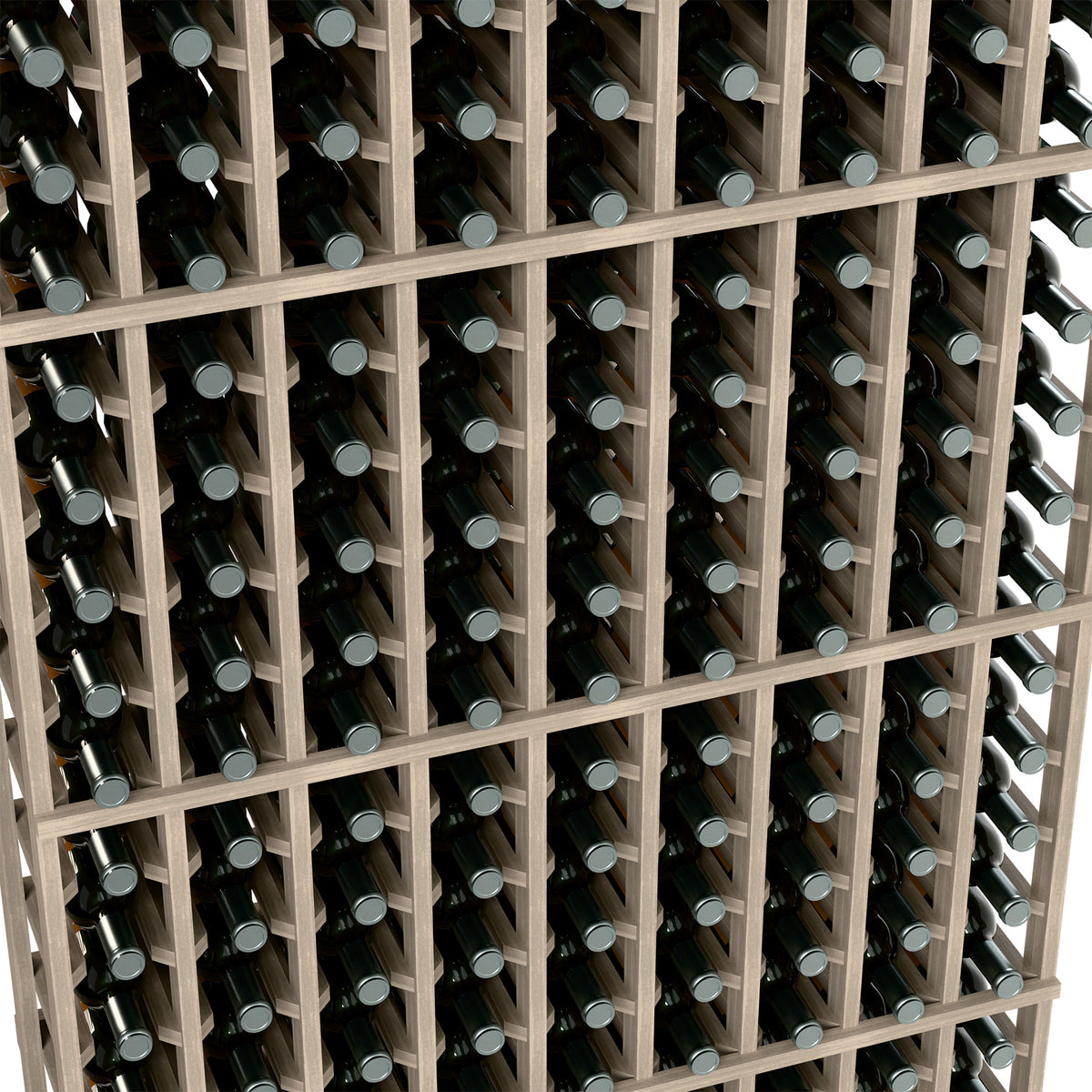 Close-up of wine bottles in a wooden grid rack, many rows