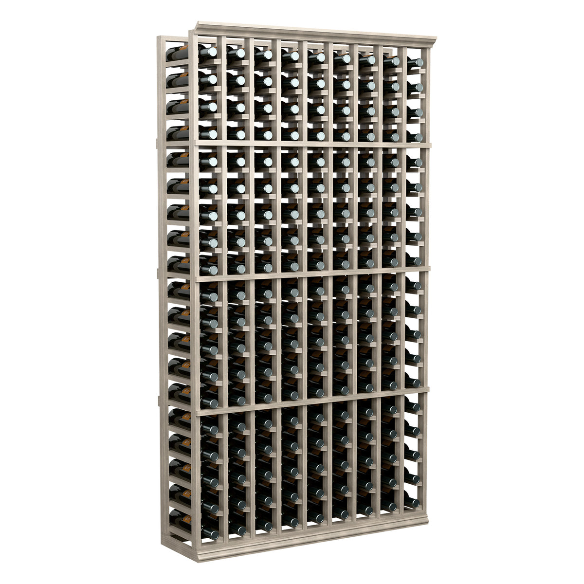Wood wine bottle rack with 9 columns of bottles, tall front view