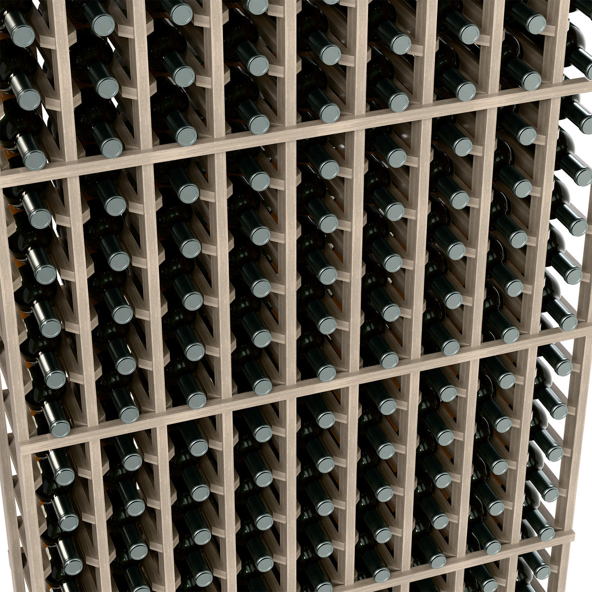Close-up of wine bottles held by wooden dividers in a grid