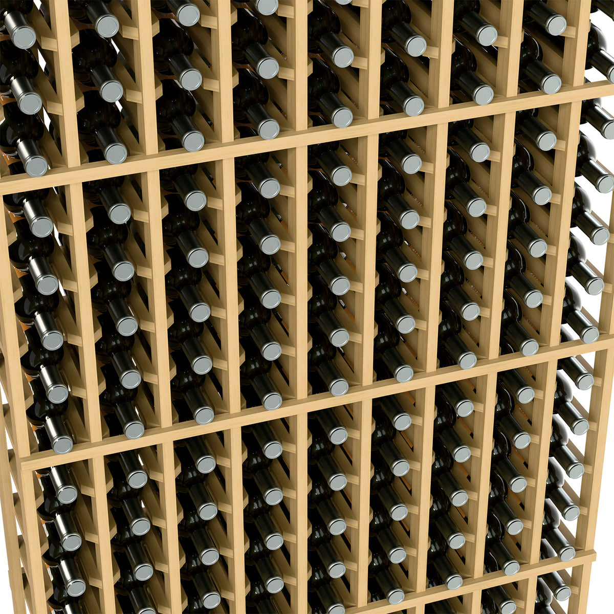 Close-up of wine bottles stored in a light wood lattice rack