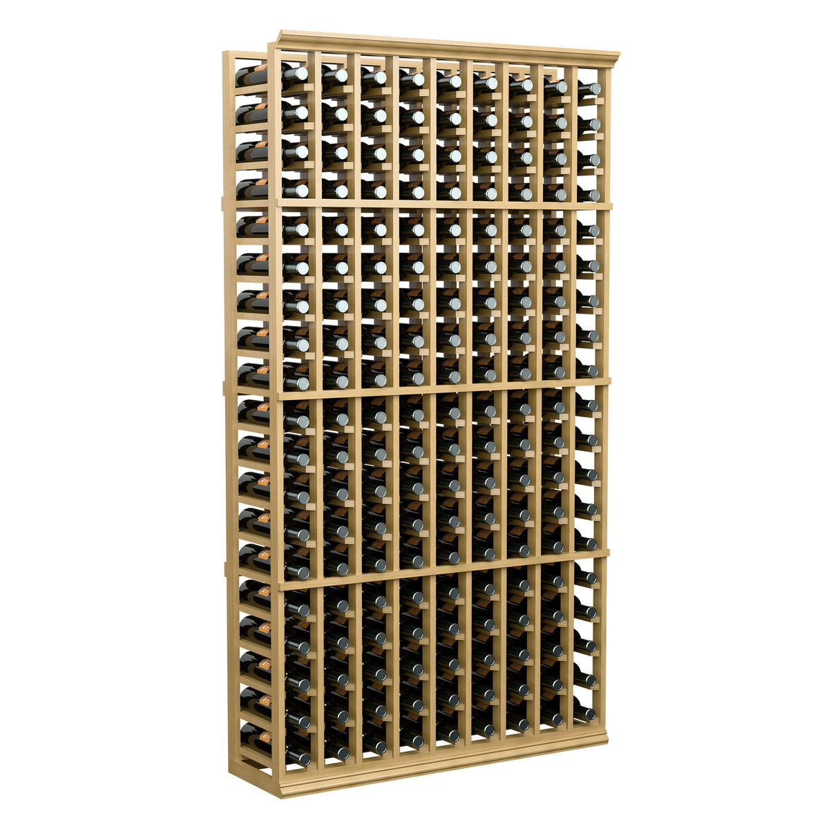 Wood wine bottle rack with 9 columns of bottles, tall front view