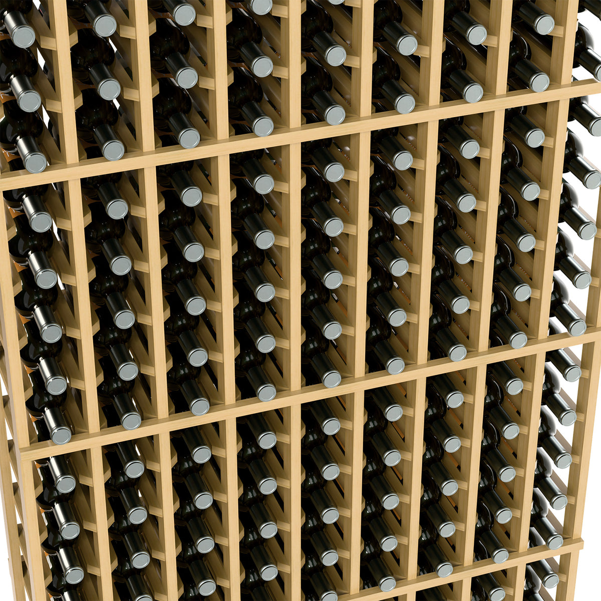 Close-up of wine bottles arranged in rows inside a wooden frame