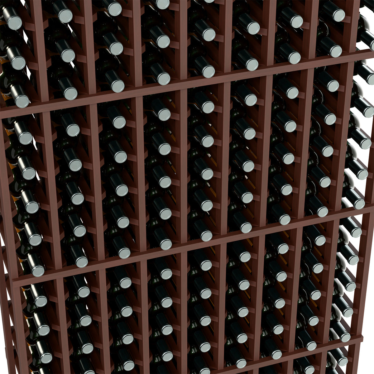 Close-up of wine bottles in a dark wood grid rack, multiple rows