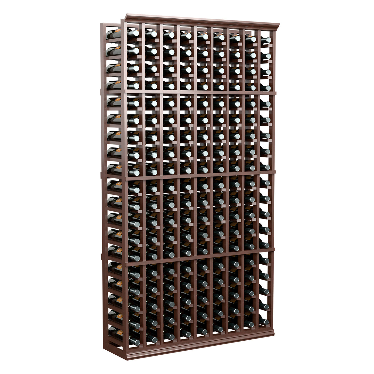 9-column wine bottle rack with dark brown wood frame and bottle slots