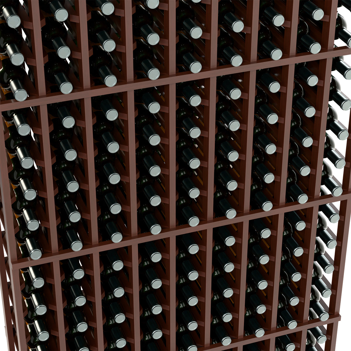 Wine bottle rack close-up with dark wood dividers and rows of bottles