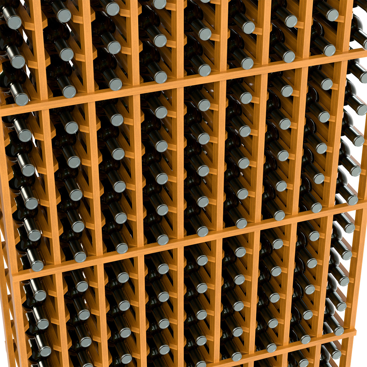 Wine bottle rack close-up with light wood grid holding bottles