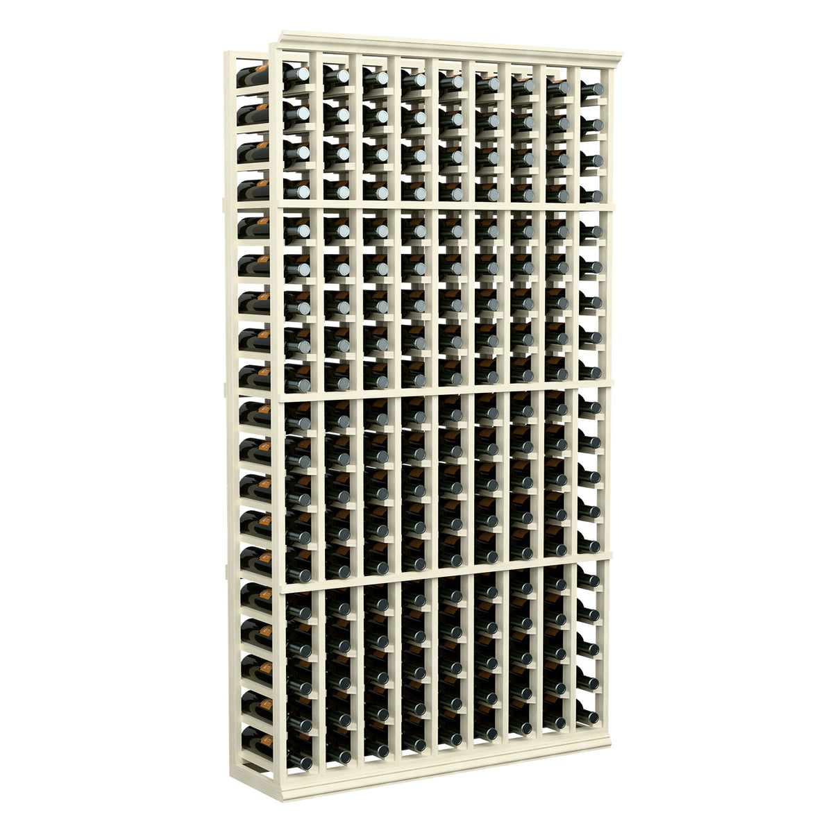 9-column wine bottle rack with white-painted wood frame and bottle slots