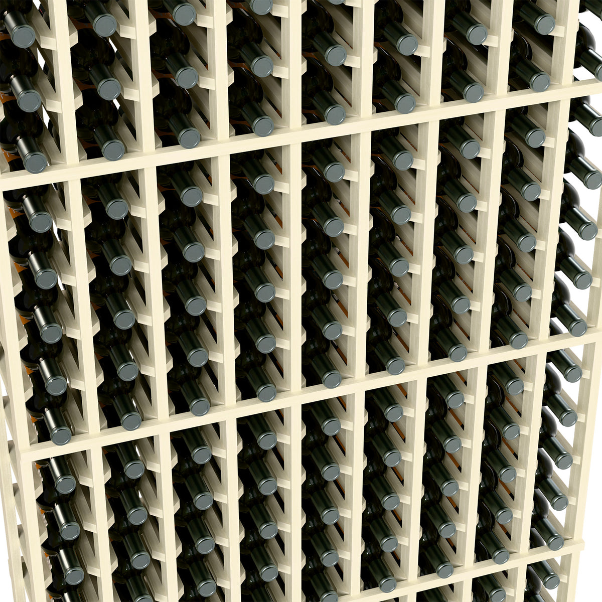 Wine bottle rack close-up with white wood dividers and bottles in rows