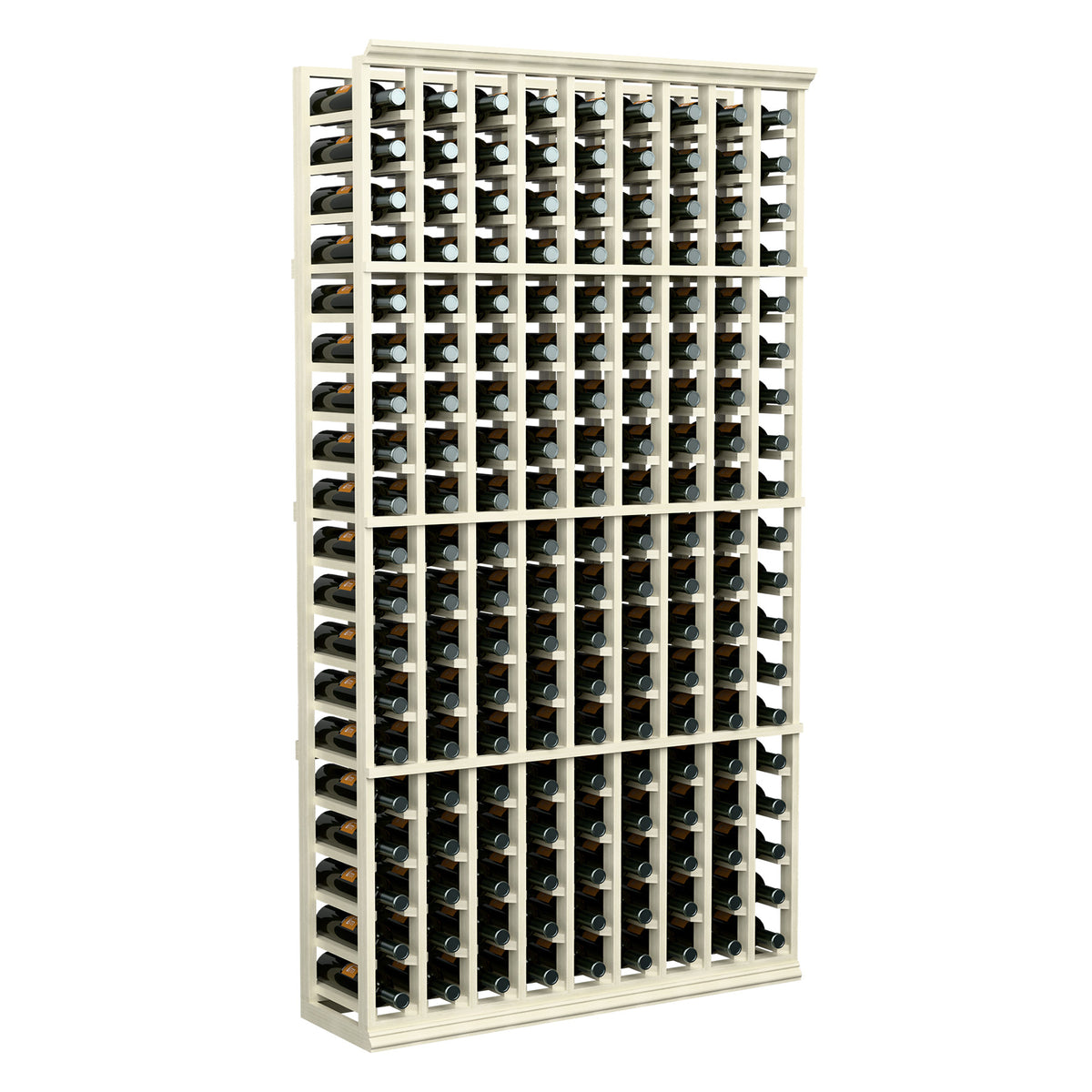 9-column wine bottle rack with white wood frame and bottle slots