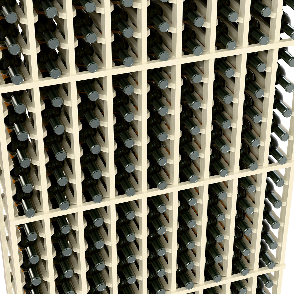 Wine bottle rack close-up with white wood grid holding bottles in rows