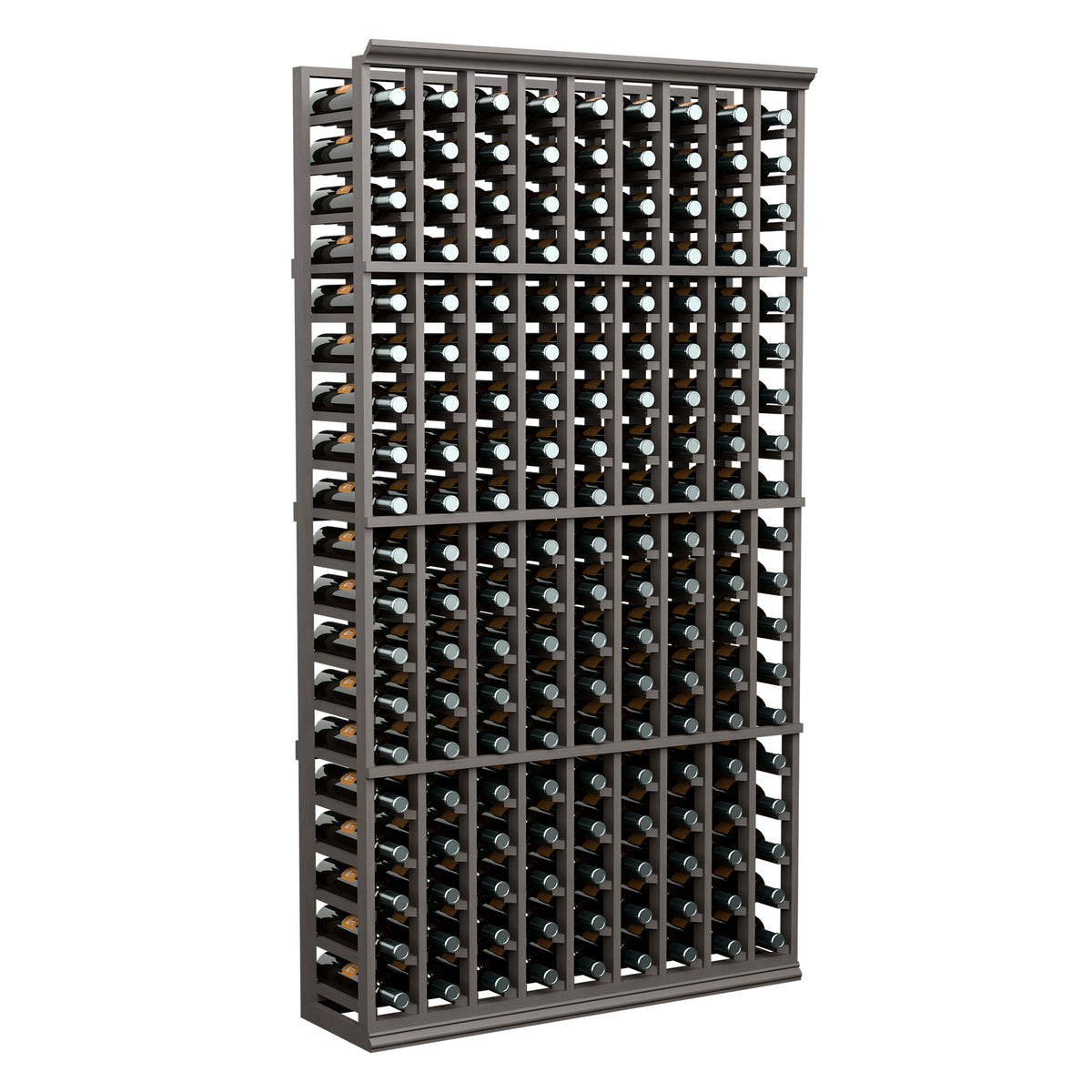 Wine bottle rack with dark wood frame, 9 columns of bottle slots, front view