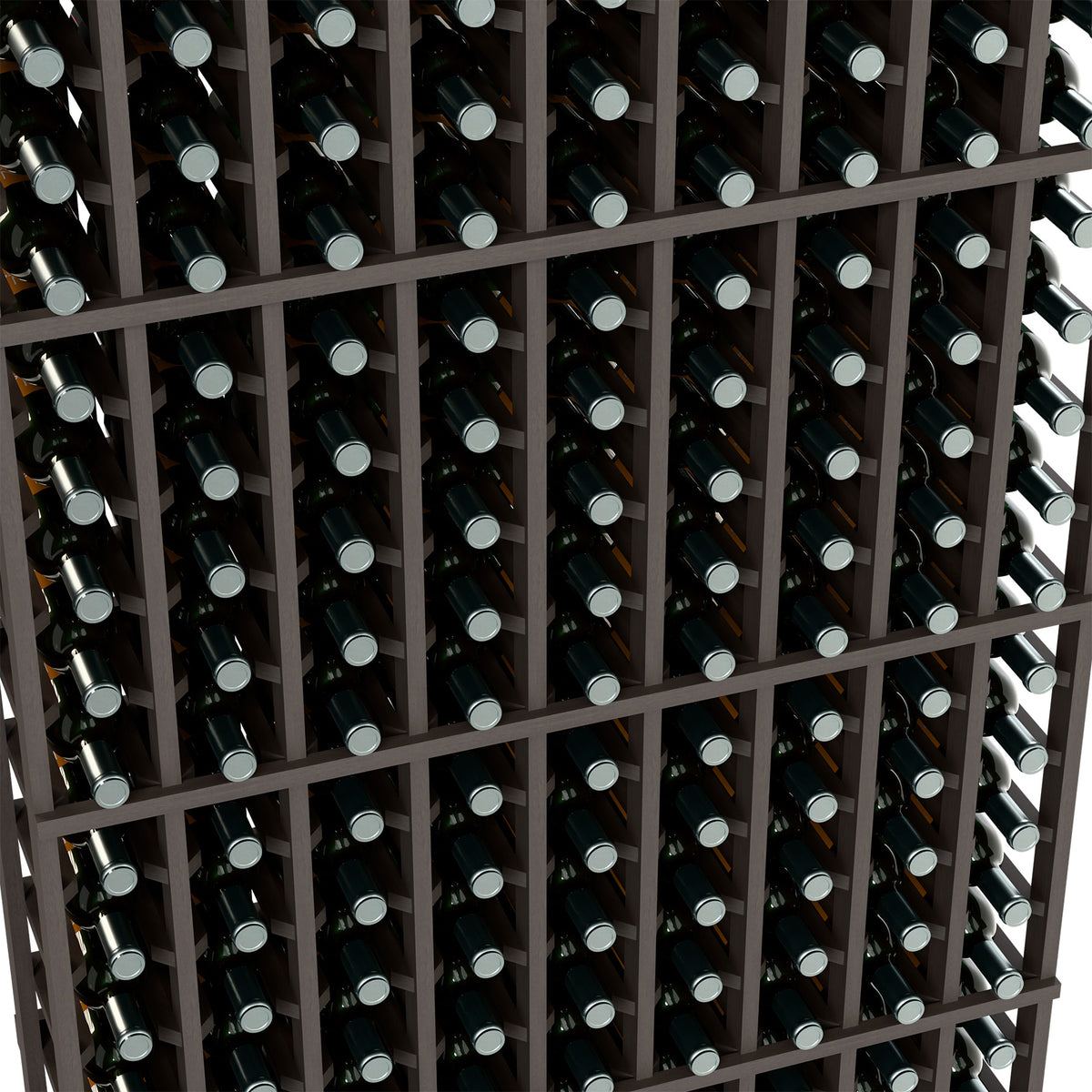 Wine bottle rack close-up with dark wood grid and many bottles in individual slots