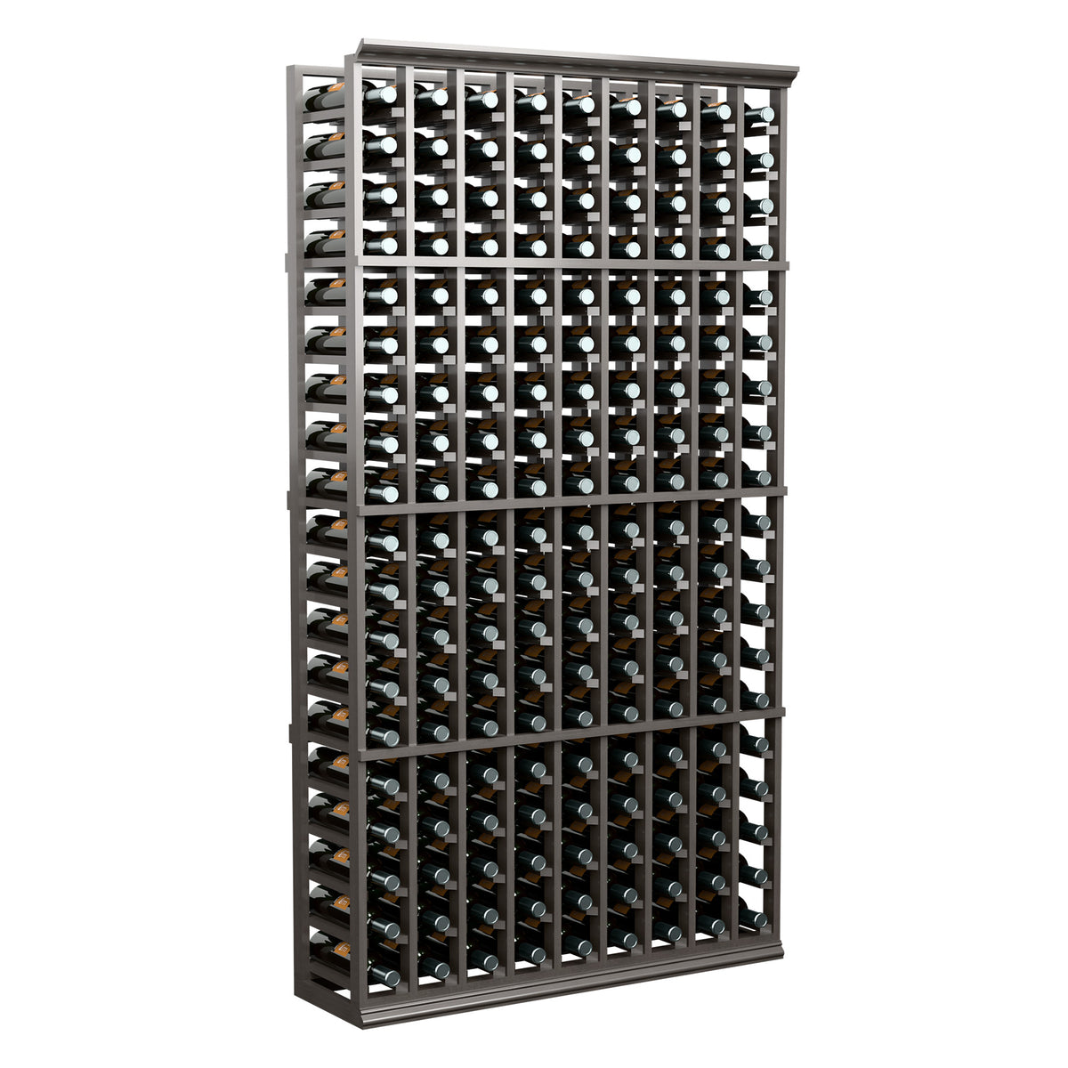 Wine bottle rack with reddish wood frame, 9 columns of bottle slots, front view