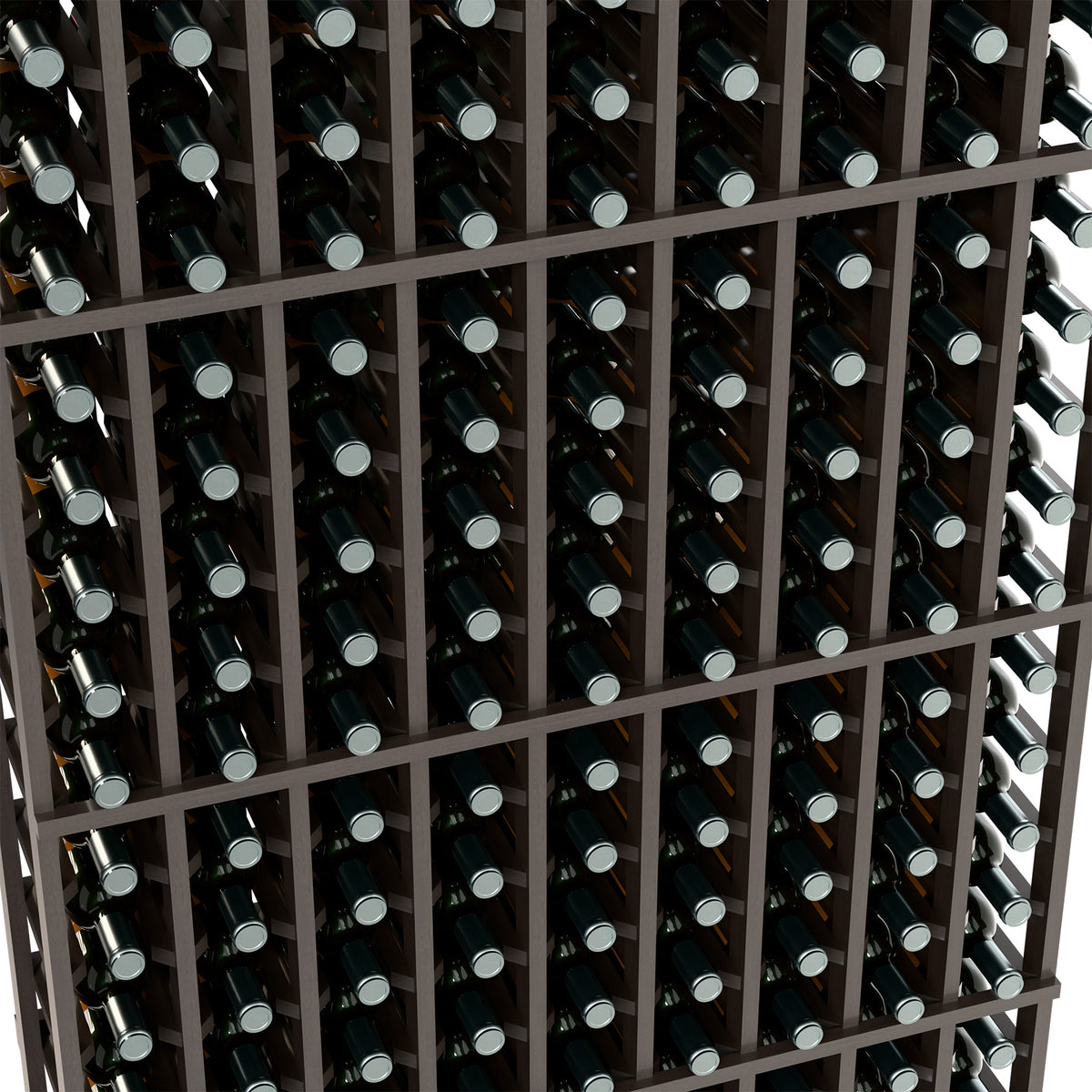 Wine bottle rack close-up with reddish wood grid and bottles in neatly aligned slots