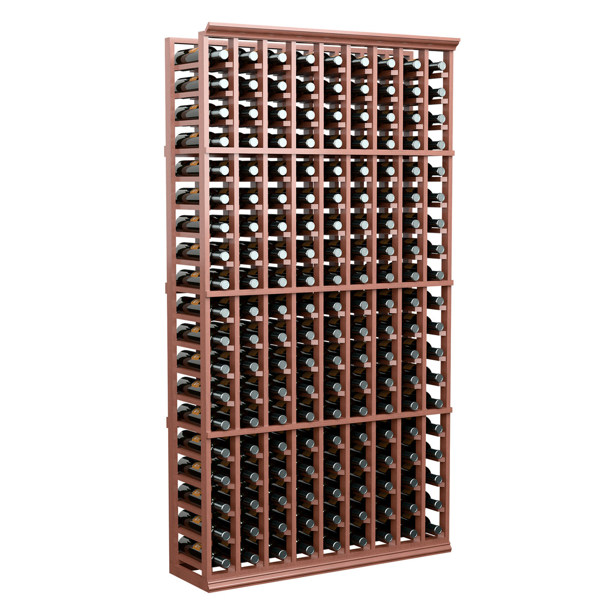 Wine bottle storage rack with reddish wood frame, front view of 9 columns