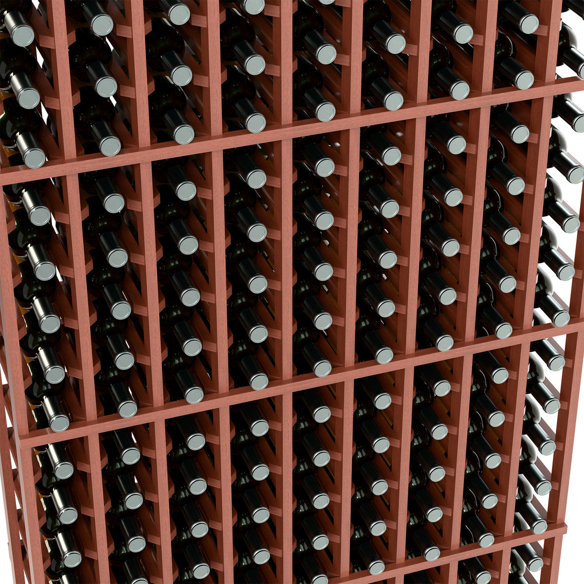 Wine bottle rack close-up showing reddish wood grid with bottle necks facing outward