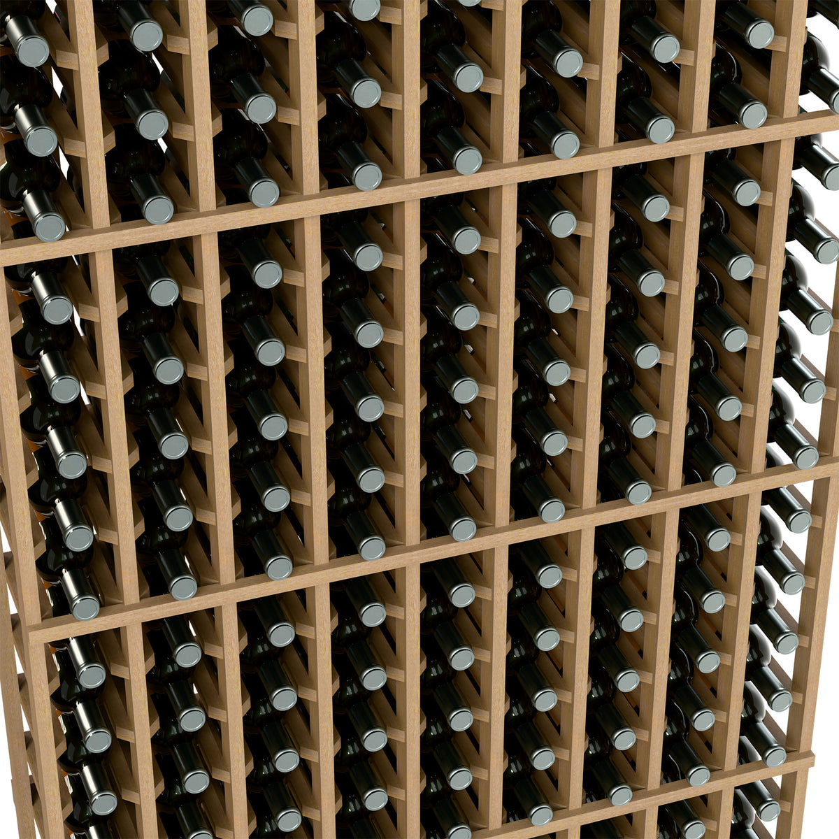 Wine bottle rack close-up with light wood grid and bottles arranged in rows