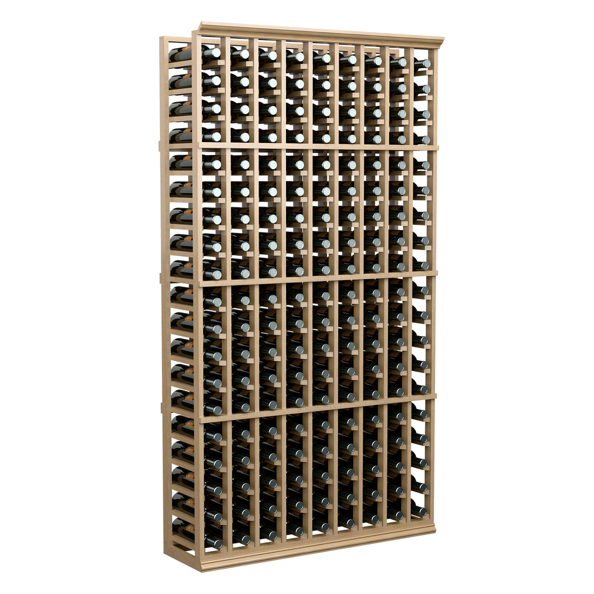 Wood wine bottle rack, 9-column 6 ft, holds many bottles in a grid.