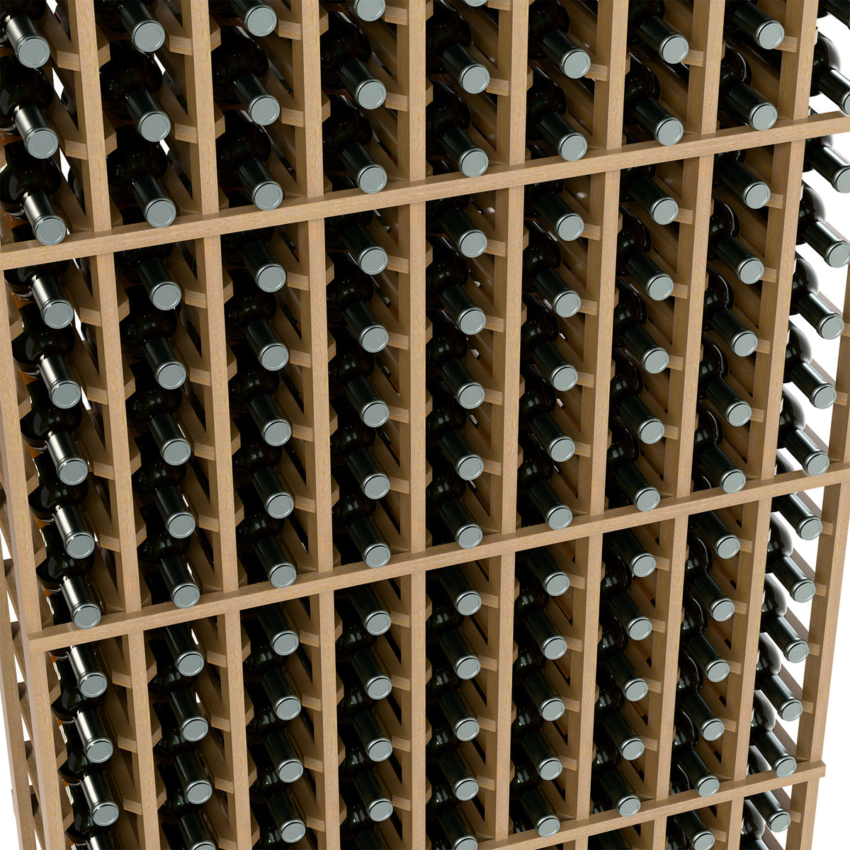 Close-up of a wine bottle rack grid with bottles in individual slots.