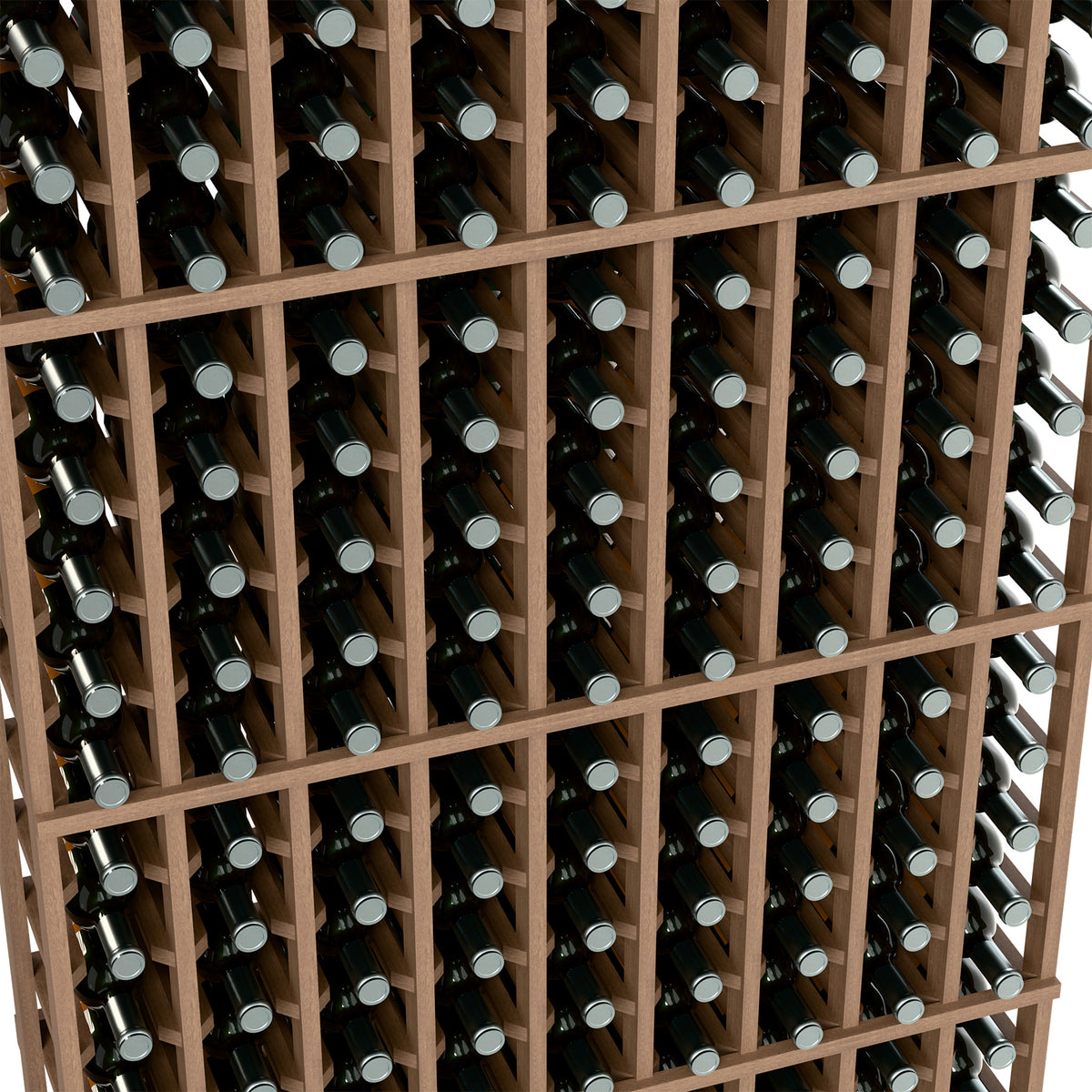 Close-up of a wooden wine bottle rack showing bottle slots and crossbars.