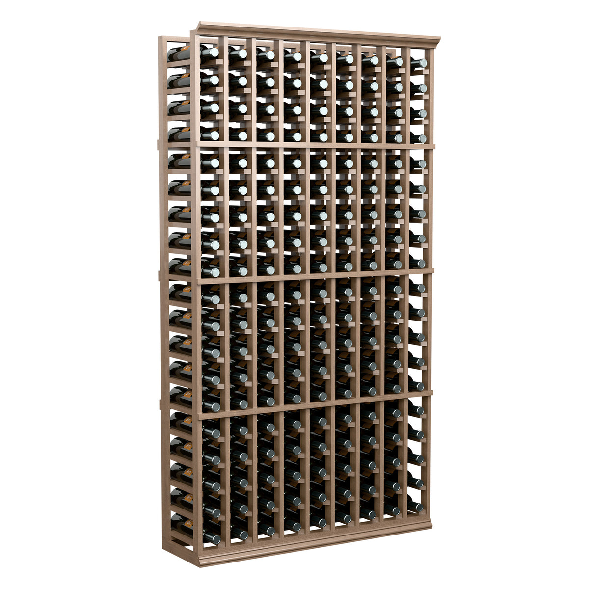 Wood wine bottle rack, 9-column 6 ft, front view with bottles in neat rows.
