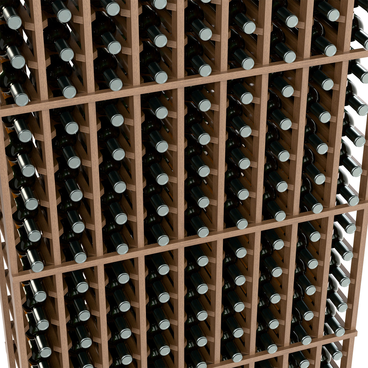 Close-up of wine bottles stored sideways in a wooden rack grid.