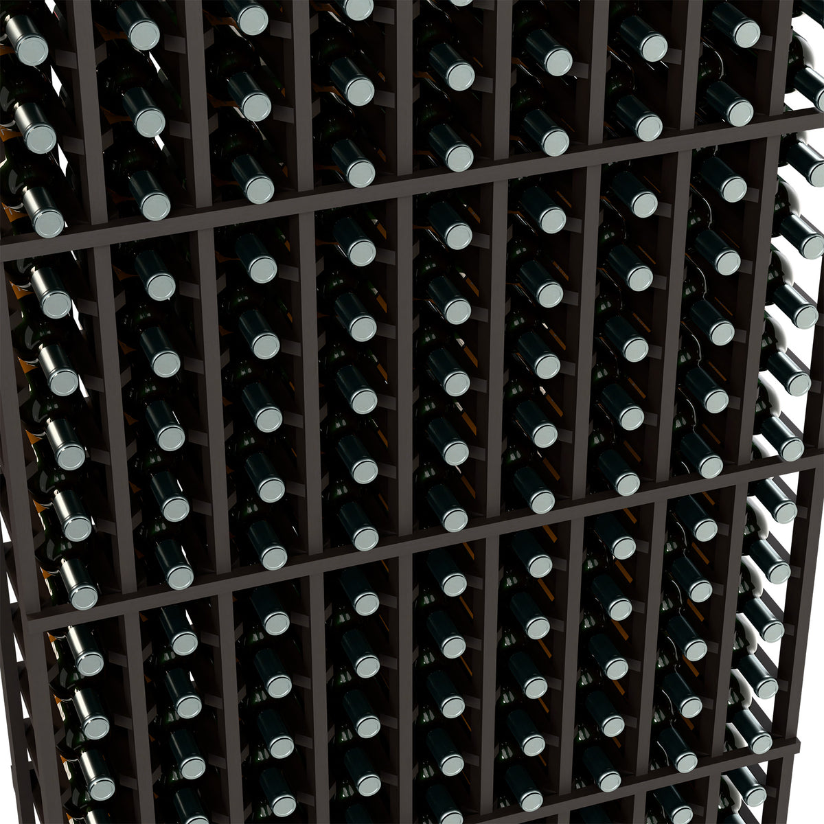 Close-up of a black wine bottle rack with bottles in compartment slots.