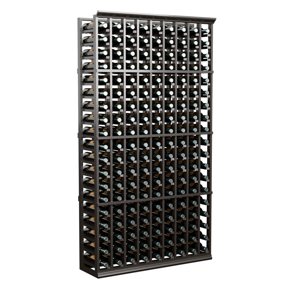 Black wine bottle rack, 9-column 6 ft, full front view with bottle grid.