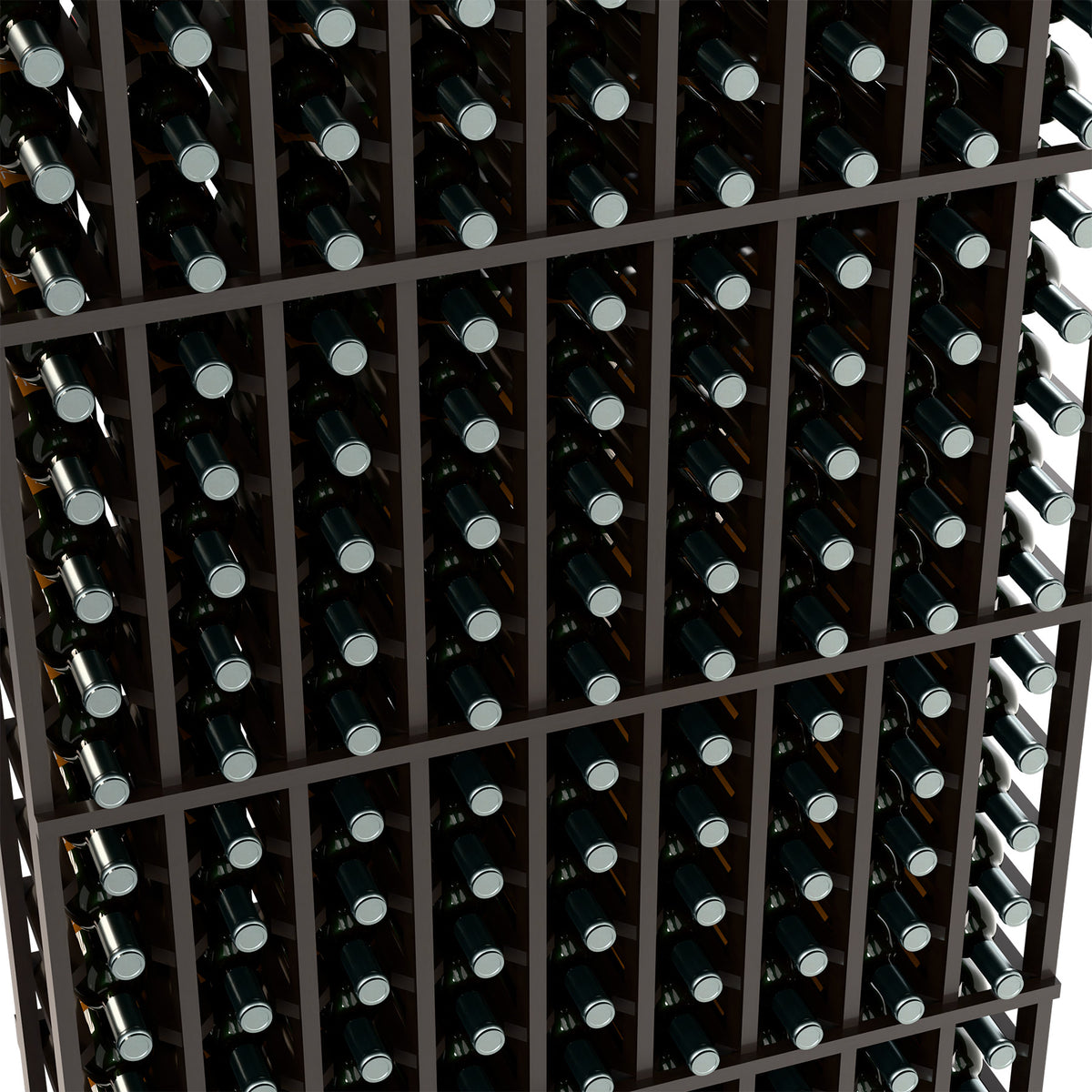 Close-up of wine bottles in a black rack grid with wooden dividers.