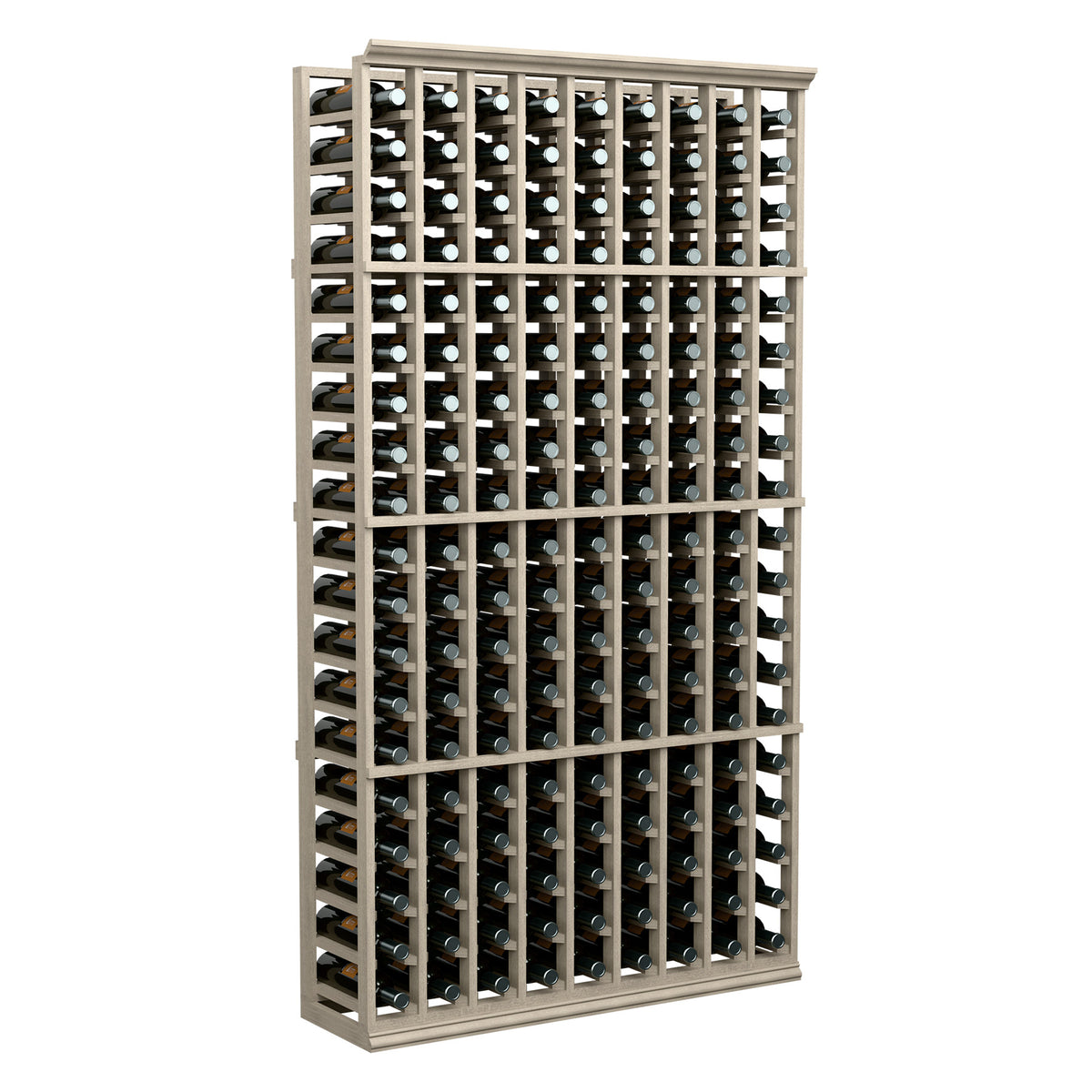 9-column wine bottle rack, 6 ft tall, gray wood frame with bottle holders