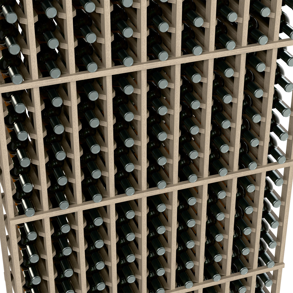 9-column wine bottle rack detail, dark gray wood frame with wine bottle necks
