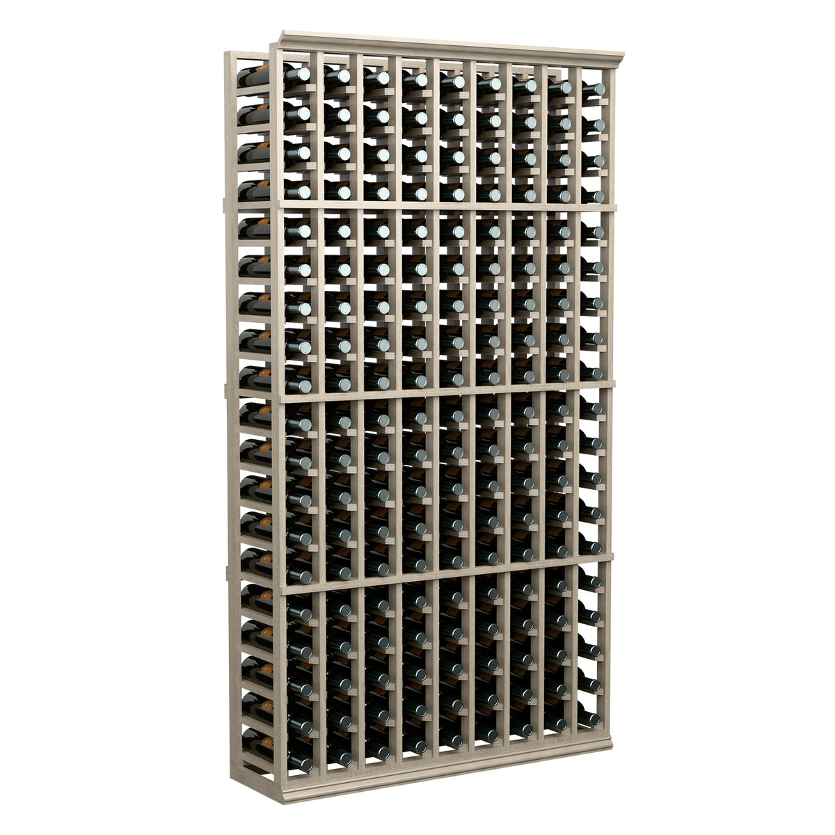 9-column wine bottle rack, 6 ft tall, gray wood frame with front bottle rows