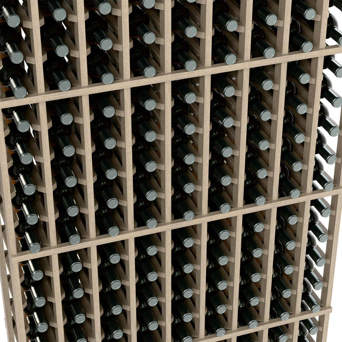 9-column wine bottle rack detail, dark gray wood frame holding wine bottles