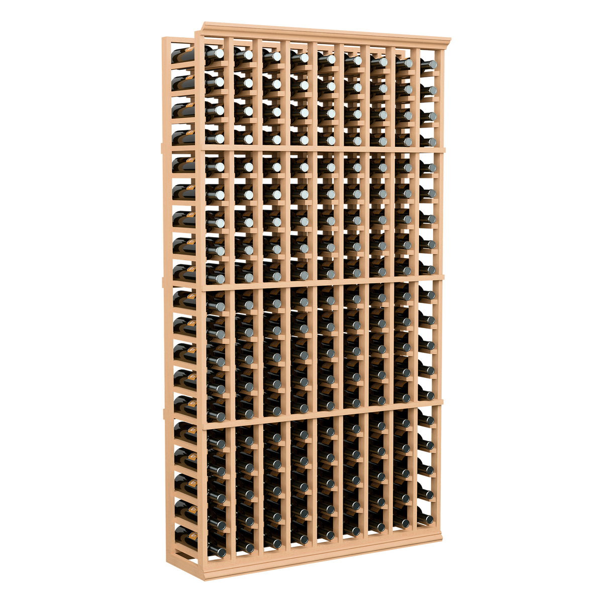 9-column wine bottle rack, 6 ft tall, natural light wood frame with bottle holders