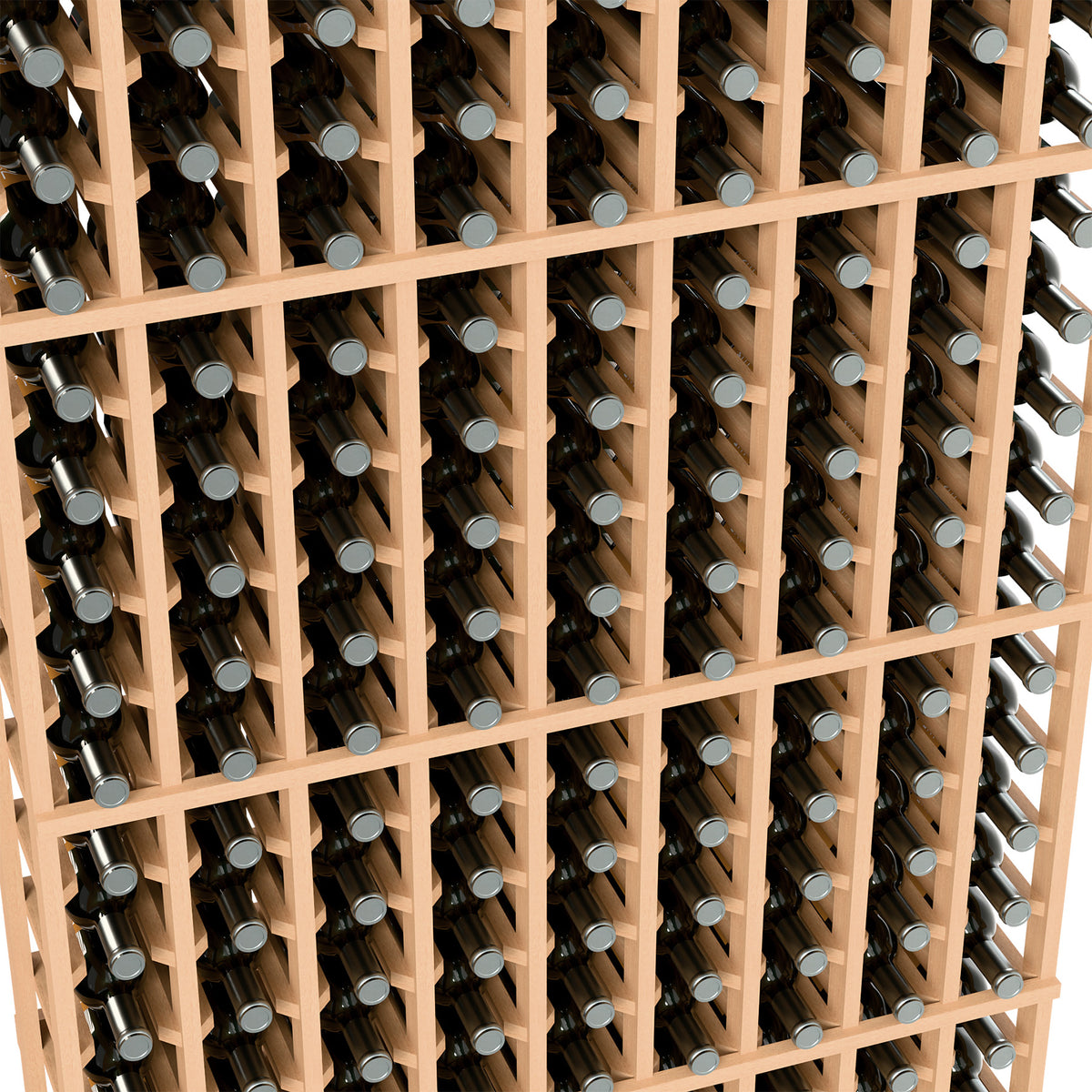 9-column wine bottle rack detail, light wood frame with wine bottle necks