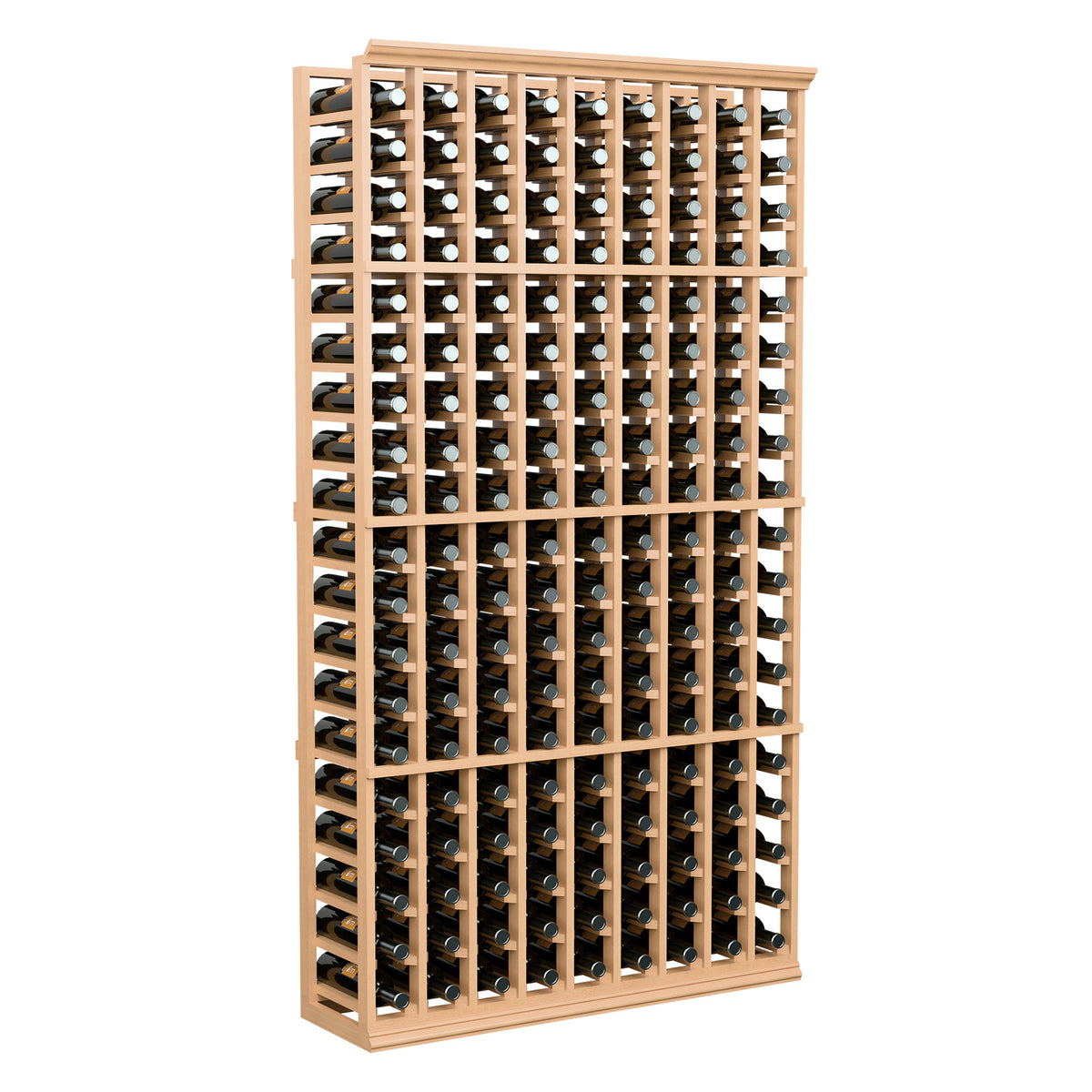 9-column wine bottle rack, 6 ft tall, natural light wood frame with front bottle rows