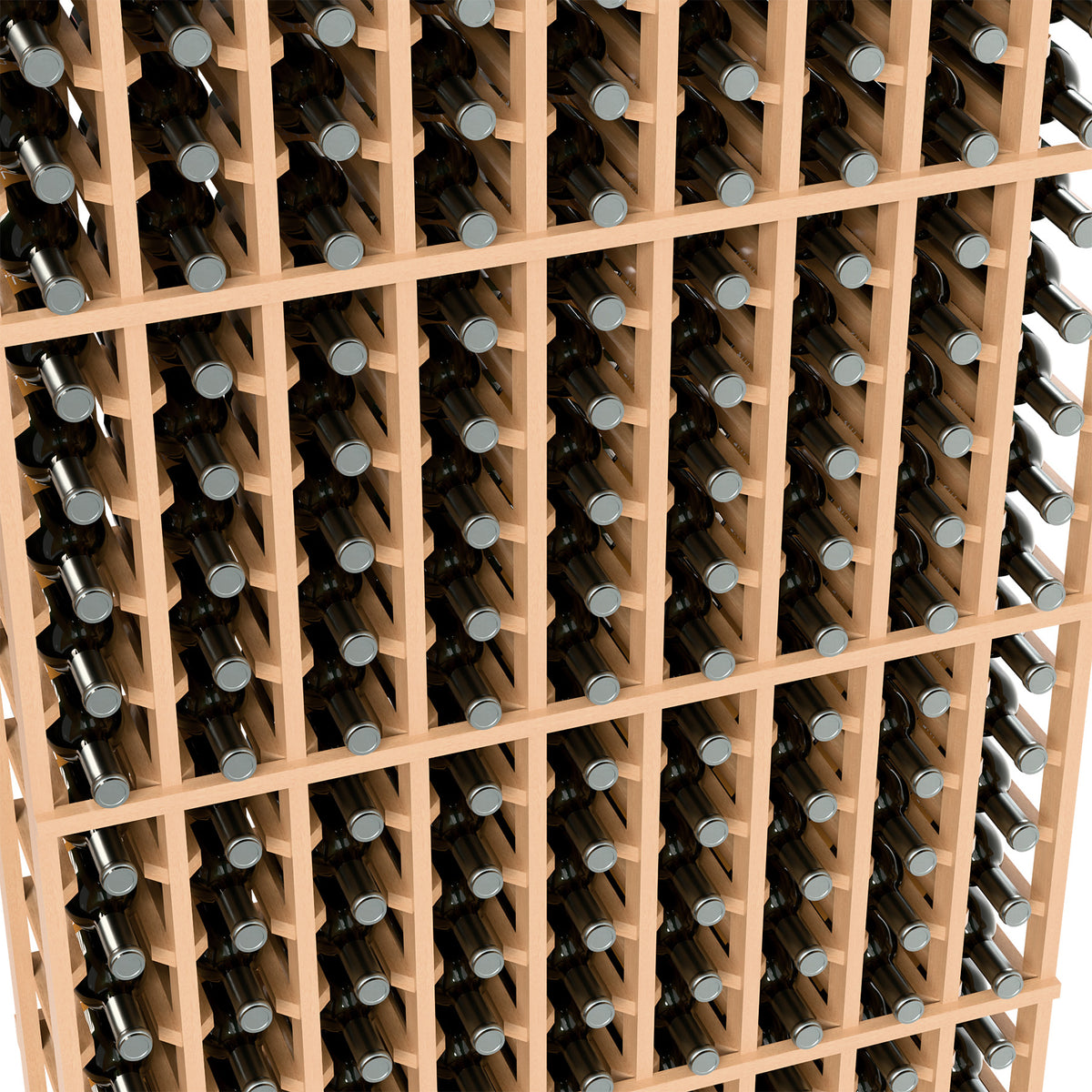 9-column wine bottle rack detail, light wood frame holding wine bottles