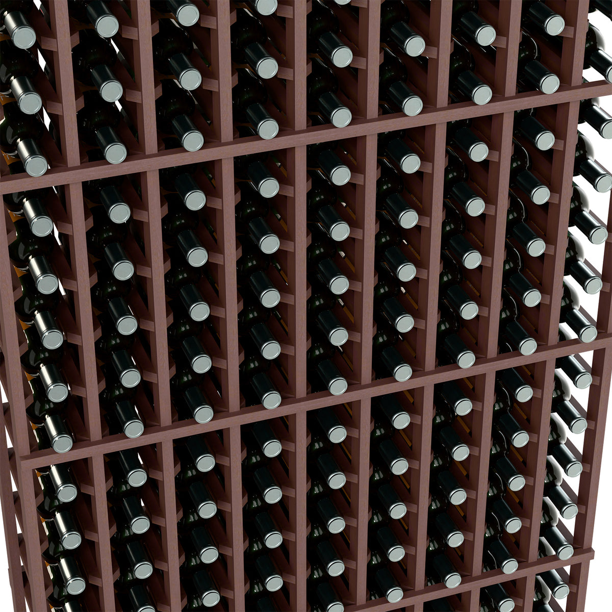 9-column wine bottle rack detail, dark brown wood frame with wine bottle necks