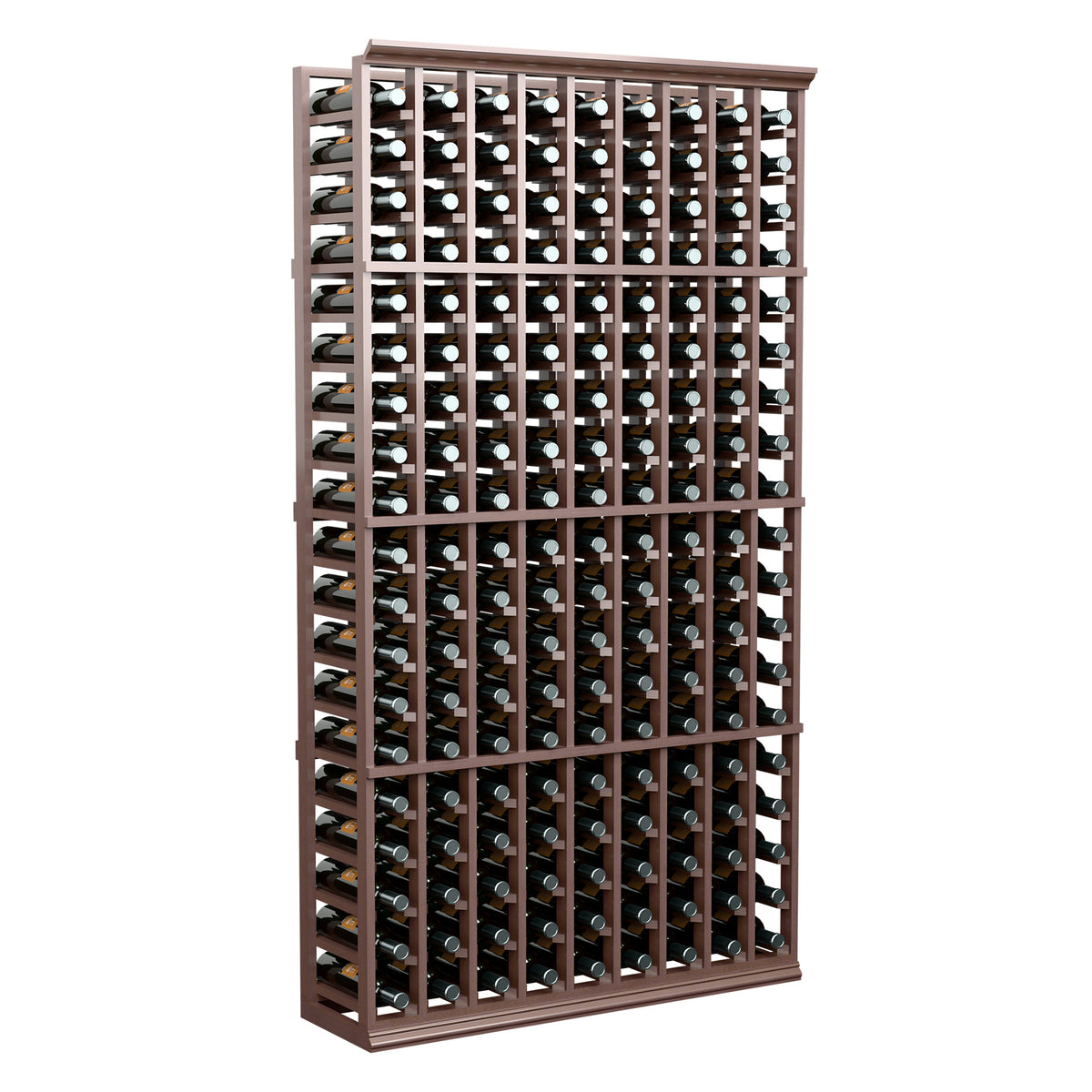 Wood wine bottle rack, 9 columns, holds bottles in dark brown finish