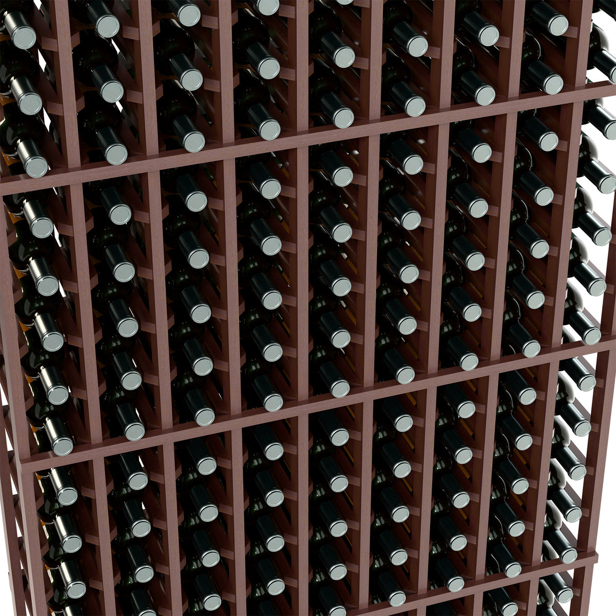 Wood wine bottle rack with dark brown frame, grid slots holding bottles
