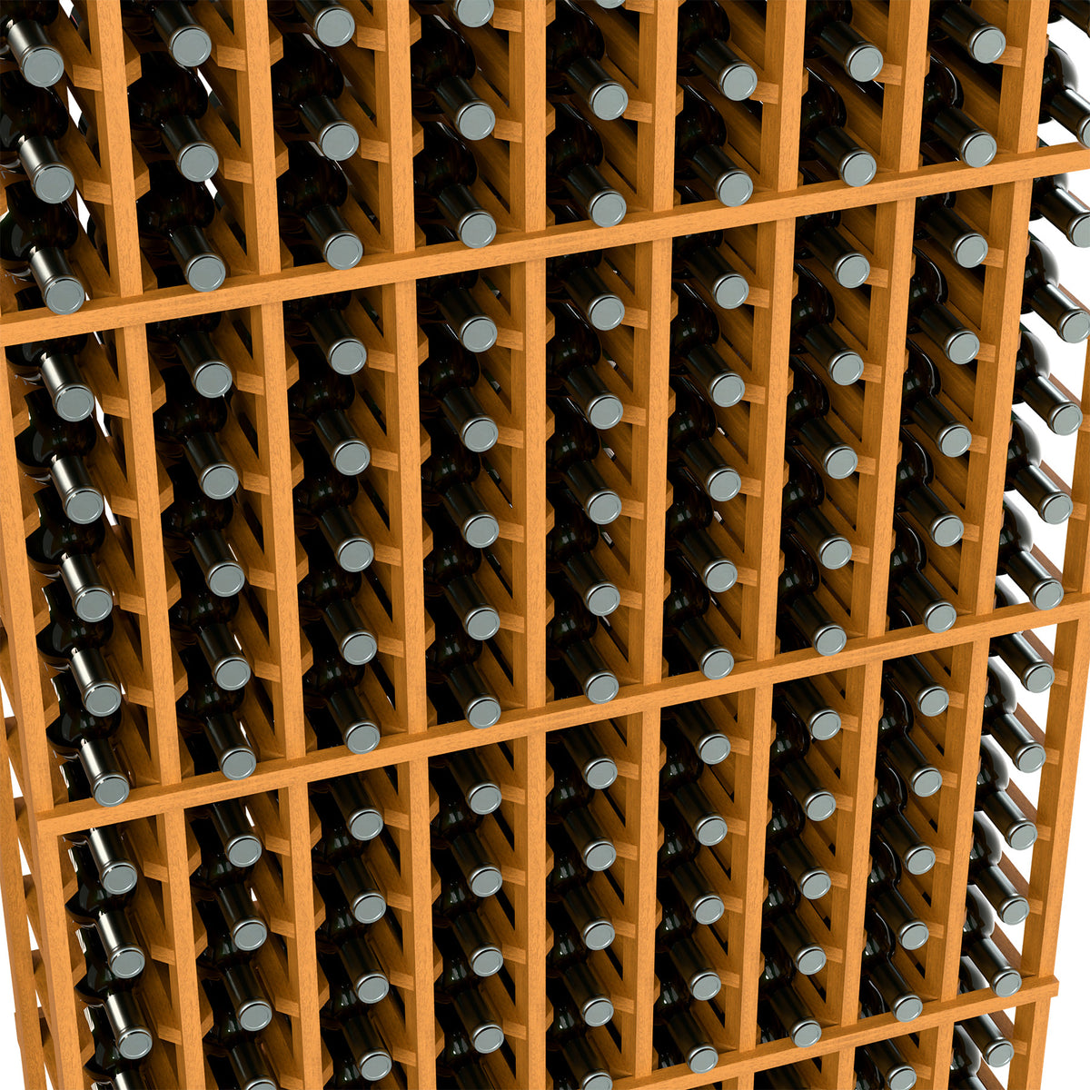 Natural wood wine bottle rack with grid slots, holding bottles
